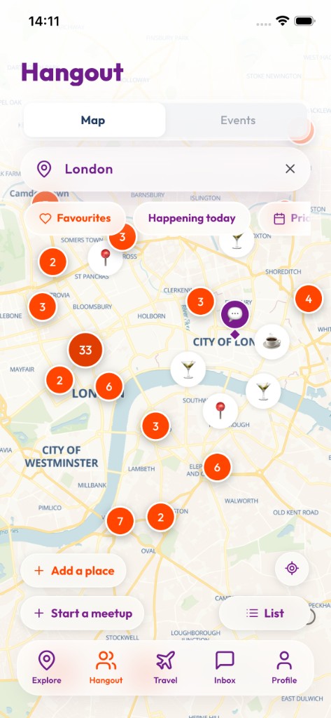 Quouch hangout map showing queer-friendly places in London