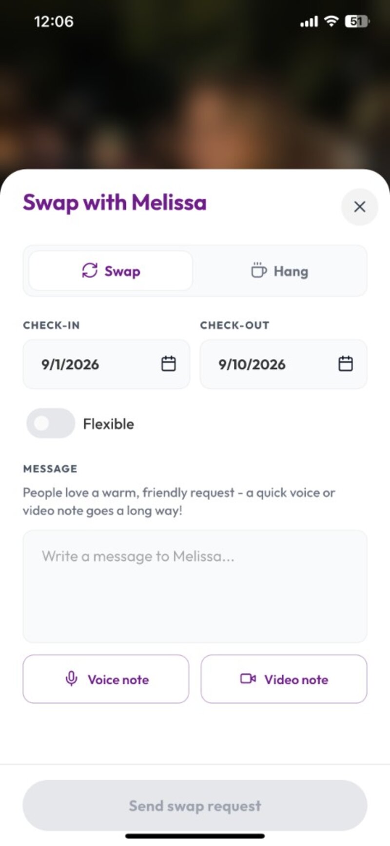 Swap request with Melissa, check-in and check-out dates